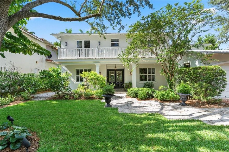 Introducing one-of-a-kind Anglo-Caribbean style, 2-story home in the highly desired High Pines. Nestled in tropical foliage of nearly 10,000 sqft lot, this home offers a timeless style that is both fresh & classic with refined architectural details which are a must see. Ground floor features sizable office, guest room with en-suite bath, living room with fireplace, charming dining room & family room with access to outdoor loggia overlooking pool and garden, offering an idyllic scene for alfresco entertainment. Gourmet kitchen is equipped with top-of-the-line appliances showcasing center island with lapis lazuli marble top. Upstairs Primary suite features private balcony overlooking pool and spa-like en-suite bathroom. Additional bedrooms are oversized with balconies overlooking the garden.