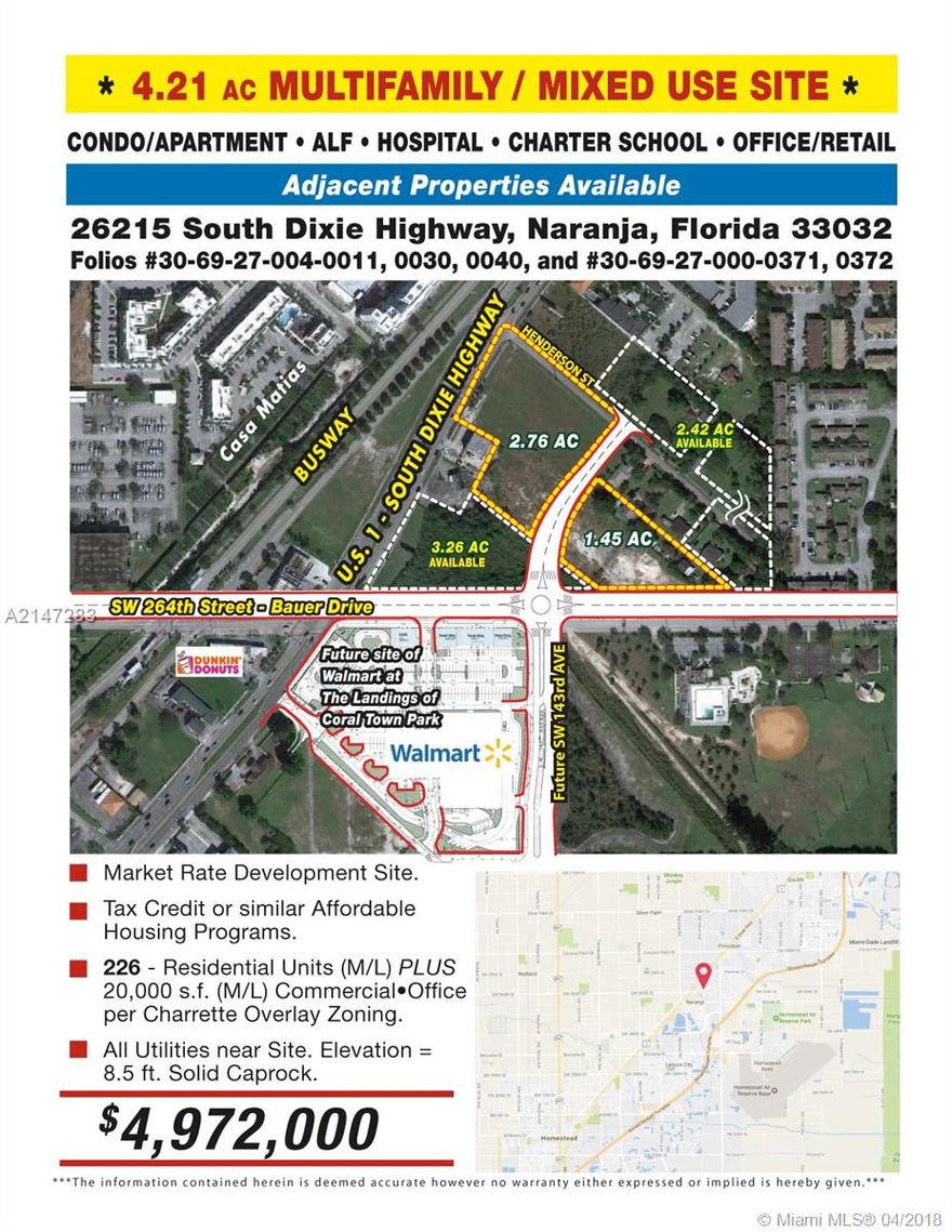 ***4.21 ACRES IN NARANJA CHARRETTE - RETAIL - ALF - 140 UNITS CONDO / APARTMENT - HOSPITAL - CHARTER SCHOOL***EB-5 ELIGIBLE***SEE PROPERTY BROCHURE FOR ALL DETAILS