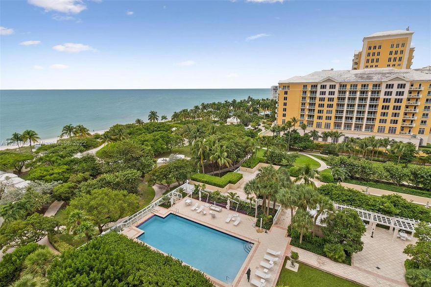 Flow through residence, living room, dinning room and kitchen with island open up to large terrace with breathtaking water views. Master bedroom, junior suite and third bedroom open to another terrace with city and ocean views. Direct elevator with private foyer. Separate office space with full bathroom. As one of the few on the market for Grand Bay Residences in Key Biscayne, this unit features, formal dining room, family room, chef-style kitchen, and separate laundry room with service entrance. Amenities include valet parking, 24-hour concierge, beach pool and fitness center.