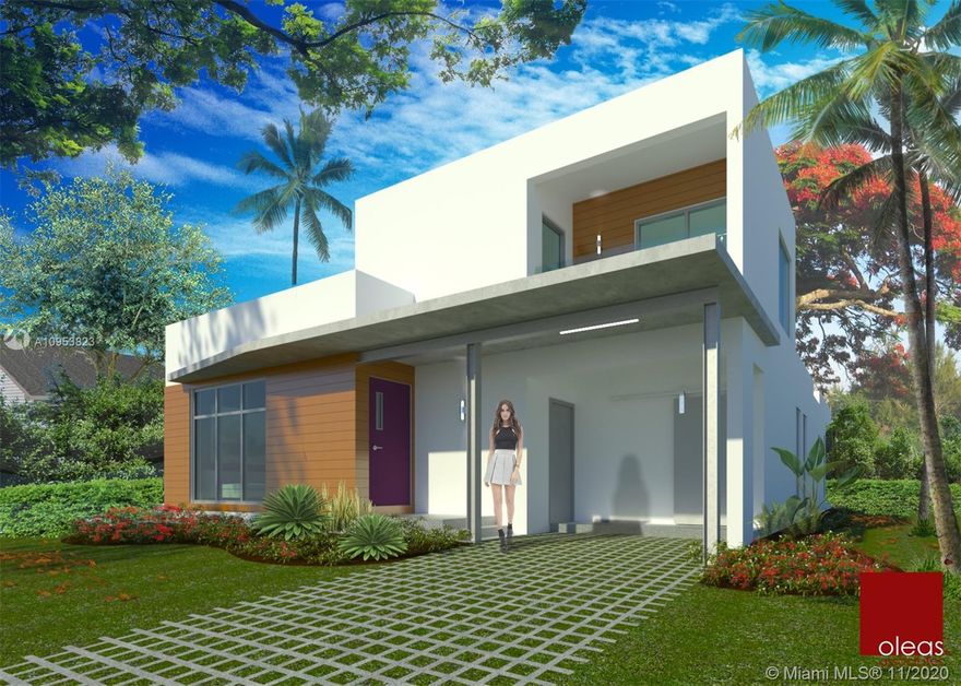 Unique design in the heart of Coconut grove! This 4/4 home will be built with only the highest standards by a local architect with over 30 years of building in Miami. Open concept living space and on a quiet street, this is not a manufacturer's home - all concrete slab construction from ground to roof and an original design offer comfortable and luxurious living.  Permitted to be a 4/4 with 2325 sqft under A/C, this home can be modified to be a 6/7 (with 3,100 SF under A/C). Additional upgrades like a lap pool, roof deck, and other customizations, all done by a skilled architect are at your disposal (see attached renderings). 10'6" ceilings offer lift and volume, and the existing trees create a true Grove living experience. Completion in 8-10 months - Call today for a consultation!
