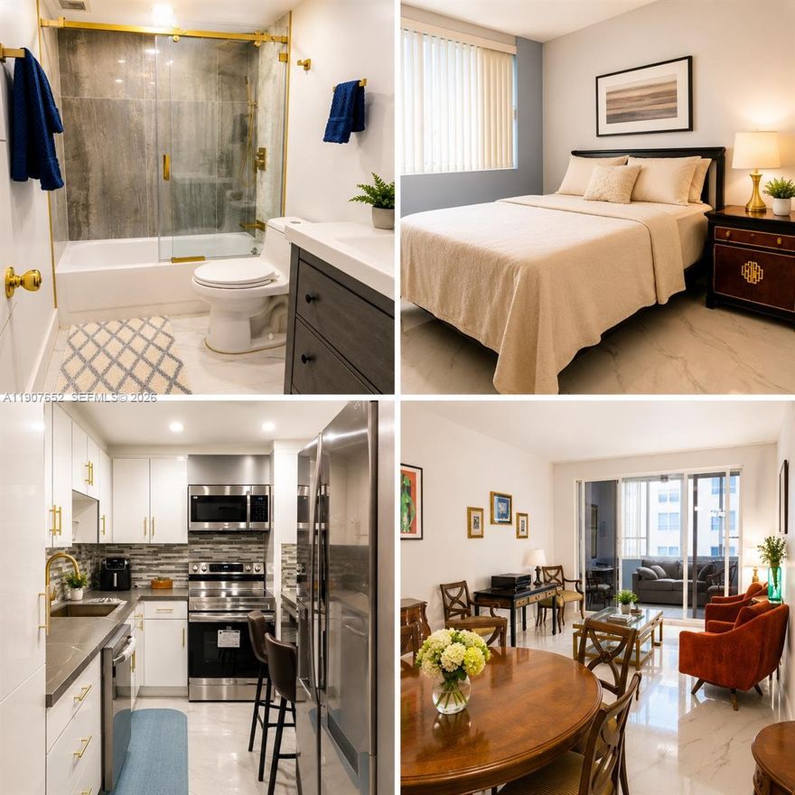 Experience refined coastal living in this beautifully renovated modern apartment just moments from the beach. Fully furnished 1bd/1bath Unit. Enclosed balcony with impact windows. This bright and elegant residence features sleek marble-style flooring throughout, an abundance of natural light, and thoughtfully updated interiors designed for both comfort and style.

The contemporary kitchen showcases ss appliances, custom cabinetry with gold accents, quartz-style countertops, and a sophisticated backsplash that creates a clean, upscale feel. Spacious living and dining areas offer a warm, inviting atmosphere with stylish furnishings, ideal for relaxing or entertaining guests. The bedroom provides a serene retreat with soft neutral tones, and a calming ambiance, while the spa-inspired bathroom features premium fixtures, a glass-enclosed shower with gold hardware, and modern designer details. Large windows throughout the apartment capture beautiful natural light and partial ocean views. Perfect as a primary residence, vacation getaway, or investment opportunity, this property combines modern luxury with effortless beachside charm.  Resort Style amenities Heated pool and jacuzzi. Beachside gym, shabbat elevator, valet service, 24h front desk, BB area, library, pool table. Direct ocean access. 1 Assigned parking space. Maintenance cover amenities, cable tv/internet, water
Move-in-ready home that perfectly blends comfort, style, and seaside living.