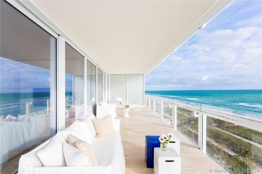 Oceanfront corner residence at Surf Club featuring an expansive glass terrace & open floor plan with floor to ceiling windows. Private elevator, foyer, master bedroom & living room with direct water & sunrise views, gourmet kitchen featuring Miele white lacquer designed Boffi cabinetry, gas stove & Subzero applicances.The bathrooms are honed white thassos marble, frameless doors with concealed hinges, zoned AC, linear diffusers, laundry room with storage, & two bedrooms have partial water/ city & sunset views. Owner has adjacent Unit 717-N can be combined 5 BR $12.998M/ $40K rent 6,794 SF AC. Brand new unit. Staged furnished/closets add $165K to price. Listed for rent $23,000 month. FIRM PRICE FULL PRICE. Recently reduced 12% down from $7.95M. Owner paid $7.5 M + paid 1.75 developer fee.