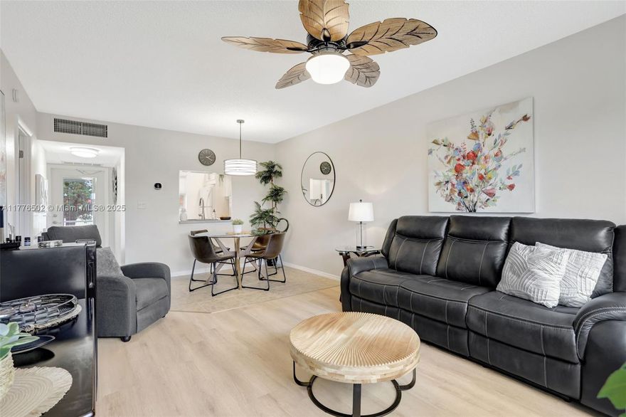 Stunning 1-bedroom unit on the second floor, fully furnished with a Florida room overlooking the lake and pool area. Beautifully renovated bathroom, brand new A/C (2024), and new electric panel. This community features a fantastic gated backyard with a pool, shuffleboard, bocce ball, BBQ area, gym, library, and billiard table. Conveniently located near the Turnpike, grocery stores, and shopping mall.