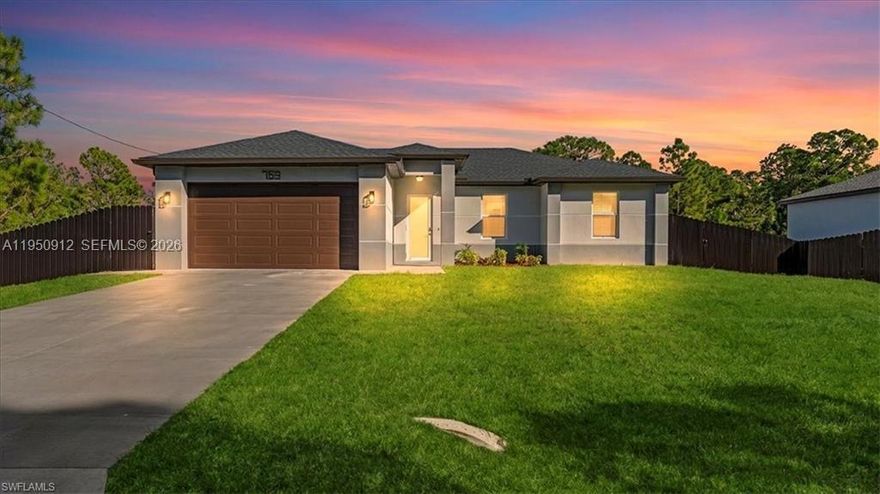 Welcome home to this stunning New Construction 3-bedroom, 2-bathroom residence in a flourishing area of Lehigh Acres. The open-concept design creates a bright and airy atmosphere, centered around a flawless kitchen that boasts elegant wood cabinets, sleek quartz countertops, and a full suite of brand-new stainless steel appliances. Safety and serenity are ensured with impact windows and doors installed throughout. The home also features a fully fenced backyard, offering added privacy and a safe, dedicated outdoor living space. Every corner radiates modern style with gorgeous porcelain tile underfoot. This move-in-ready property requires zero updates, offering the perfect, low-maintenance sanctuary. Call now for a private showing!