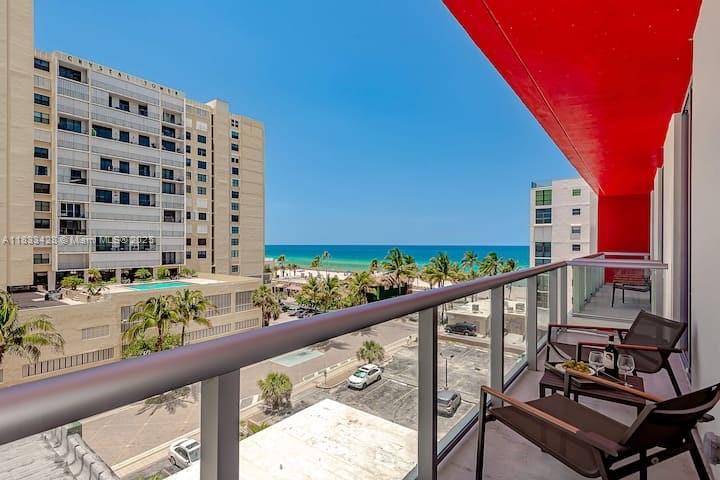 Beautiful one-bedroom, one-bathroom unit with balcony. Fully furnished and equipped in a luxury Condo Hotel with partial Ocean Views from the balcony. Amazing rooftop with bar, pool, jacuzzi, lounge areas, and spectacular views of the city, Intracoastal Waterway, and beach. NO RENTAL RESTRICTIONS! Association fee includes cable TV, internet, water, gym, electricity, facilities, and amenities. Just steps away from the Hollywood Boardwalk with many restaurants, bakeries, and shops.