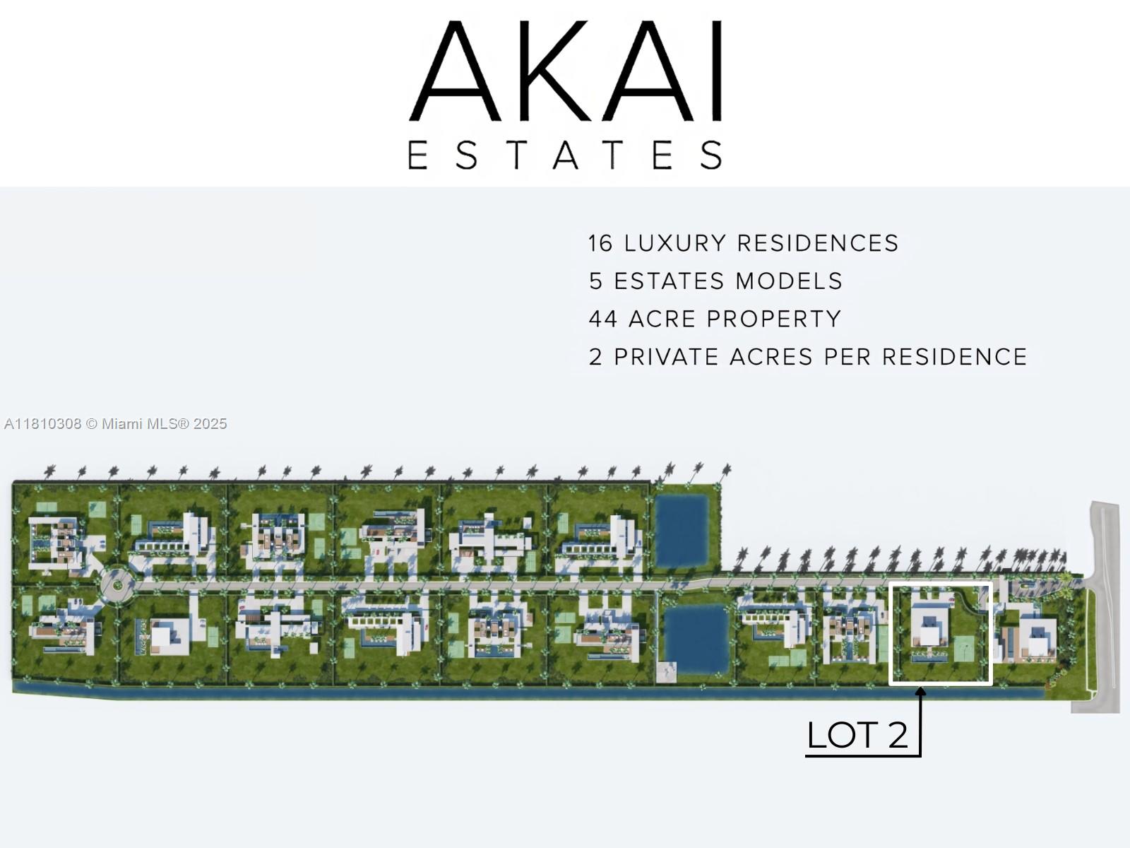 This 2 Acre Lot is located in an unrivaled location within the prestigious AKAI Estates Development, comprised of 44 tropical Acres. Residence and guests are greeted with a Staffed Security Guard 24/7. Once inside, lakes and fountains shimmer in the sunlight, and provide a Royal Palm Tree lined road leading towards your Residence that includes a proposed private community Helipad and two Putting Greens. AKAI Estates is a boutique community with only 16 Luxury Estates. Every Estate comes with its own Aquatic Center. Several amenities upgrade options, such as tennis courts, pickleball court, putting green and outdoor and/or indoor basketball courts. Sale of this exceptional lot is subject to building an Akai Estates Model designed by Internationally Acclaimed, Architect Vasco Vieira.