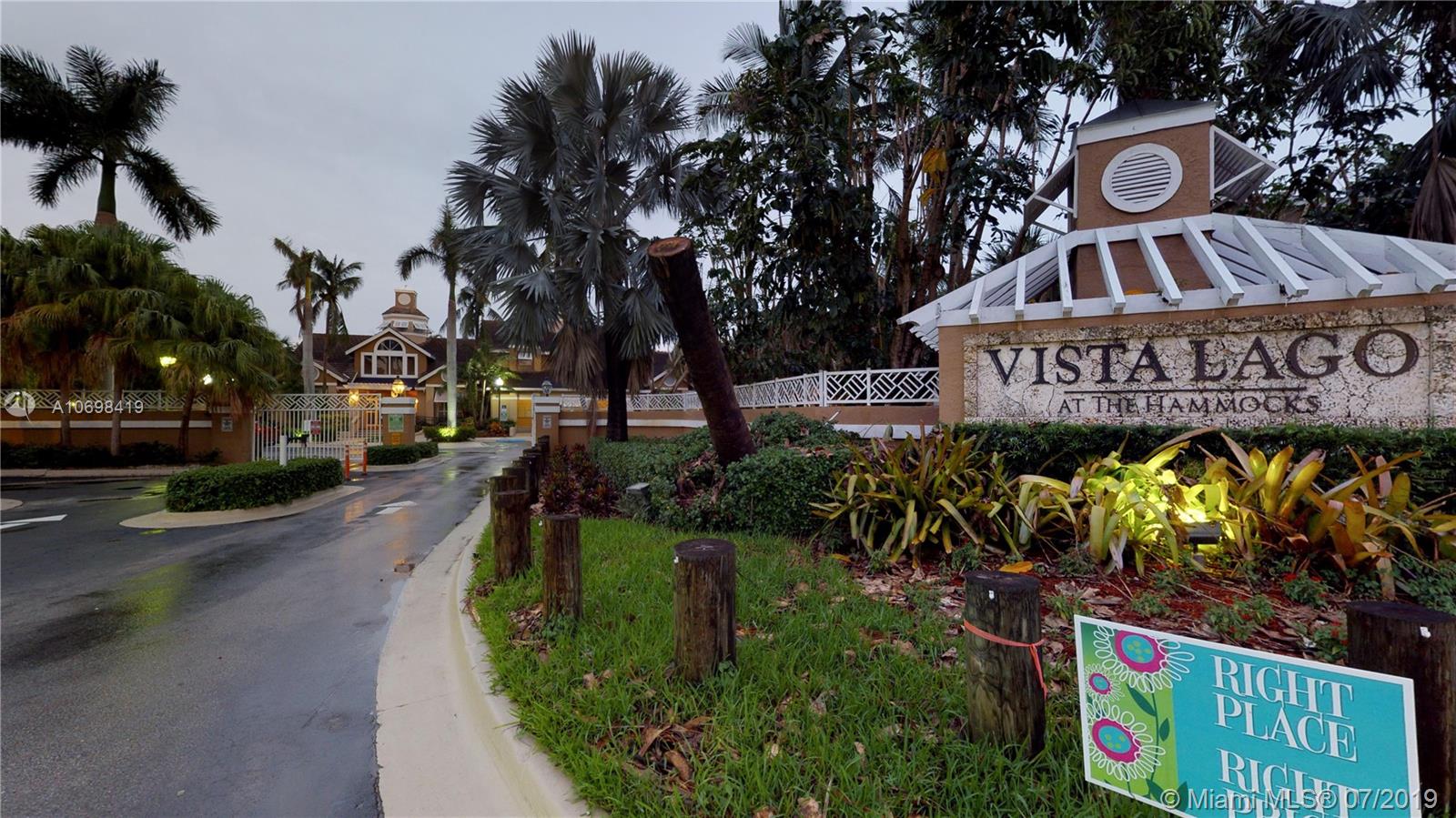 A private gated community. Big 1 Bed, 1 bath in the first floor, beautifully upgraded, wood cabinets, tile floors, SS Appliances, Granite
counter tops, W/D inside the unit, community pool, racquetball court, access to Hammocks Lake, close to schools and supermarkets and much more. Great location. MUST SEE!!!!