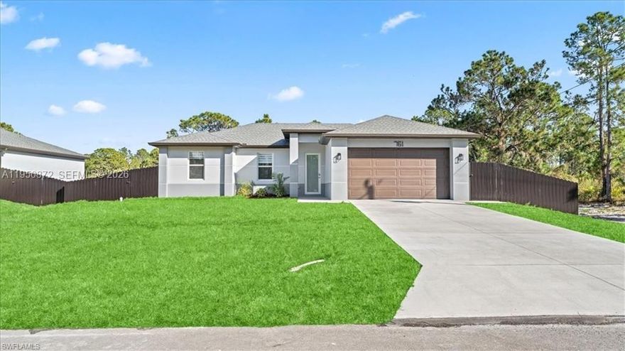 Welcome home to this stunning New Construction 3-bedroom, 2-bathroom residence in a flourishing area of Lehigh Acres. The open-concept design creates a bright and airy atmosphere, centered around a flawless kitchen that boasts elegant wood cabinets, sleek quartz countertops, and a full suite of brand-new stainless steel appliances. Safety and serenity are ensured with impact windows and doors installed throughout. The home also features a fully fenced backyard, offering added privacy and a safe, dedicated outdoor living space. Every corner radiates modern style with gorgeous porcelain tile underfoot. This move-in-ready property requires zero updates, offering the perfect, low-maintenance sanctuary. Call now for a private showing!