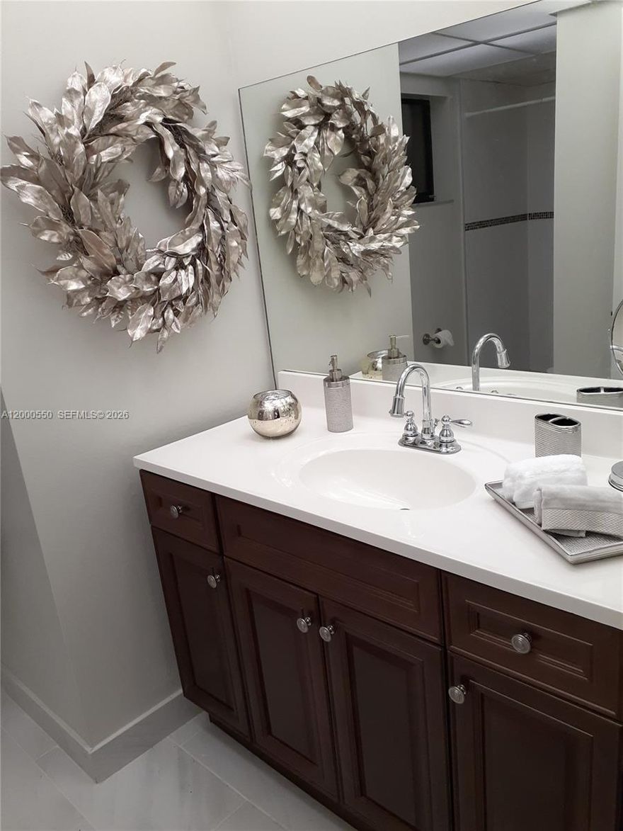 This spacious 2-bedroom, 2-bathroom split plan features walk-in closets and an in-unit laundry room. The family-oriented complex offers numerous green spaces and excellent amenities, including four tennis courts, two swimming pools, a sauna, a gym, and a billiards room. There is assigned parking as well as ample guest parking available.
The location is great, within walking distance to shopping centers, supermarkets, and restaurants. It is also just a short drive to Baptist Hospital, Miami Dade College, and FIU. Easy access to Palmetto Expressway and Turnpike.