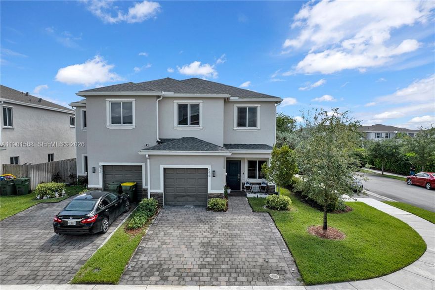 Built in 2021, this modern 3-bedroom, 2-bath home offers open-concept living and a private tropical oasis in your own backyard. Featuring a bright kitchen with quartz countertops, stainless steel appliances, and an oversized island, this home is perfect for entertaining. Natural light fills the living areas, creating a warm and inviting atmosphere. The fully fenced yard is professionally landscaped with mature palms, a covered gazebo, and space to relax or host gatherings. Located in a sought-after community near top-rated schools, shopping, dining, and major highways, this move-in ready home delivers comfort, style, and the Florida lifestyle you’ve been waiting for.