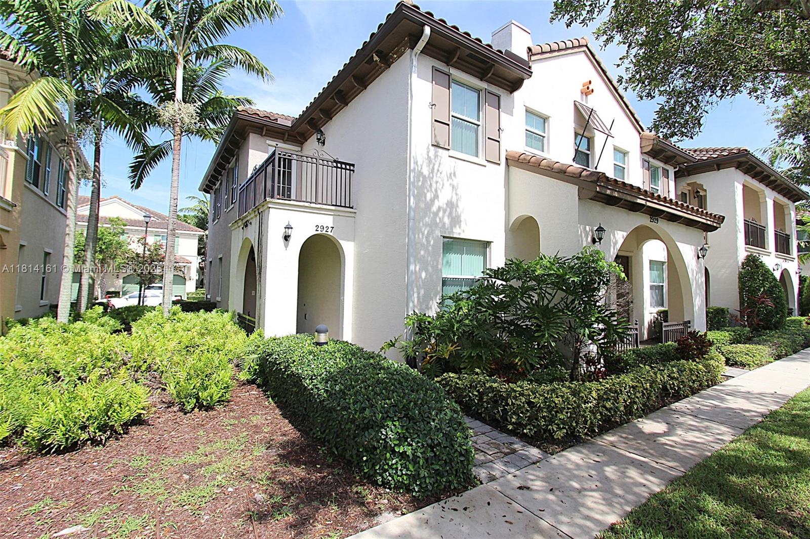 AVAILABLE JULY 11, 2025. CORNER UNIT 2-STORY TOWNHOME. IMPACT WINDOWS. The living area is on the 2nd floor. 2-car garage on 1st floor. The kitchen features granite countertops, wooden cabinetry, and stainless steel appliances. Master bedroom with spacious walk-in closet and Master bathroom with dual sinks and walk-in shower. 9ft high ceilings and recessed lighting. A den as a 3rd room! Gated community with access to the Clubhouse, Gym, pool, playground, tennis court, and more. 2 car garage.