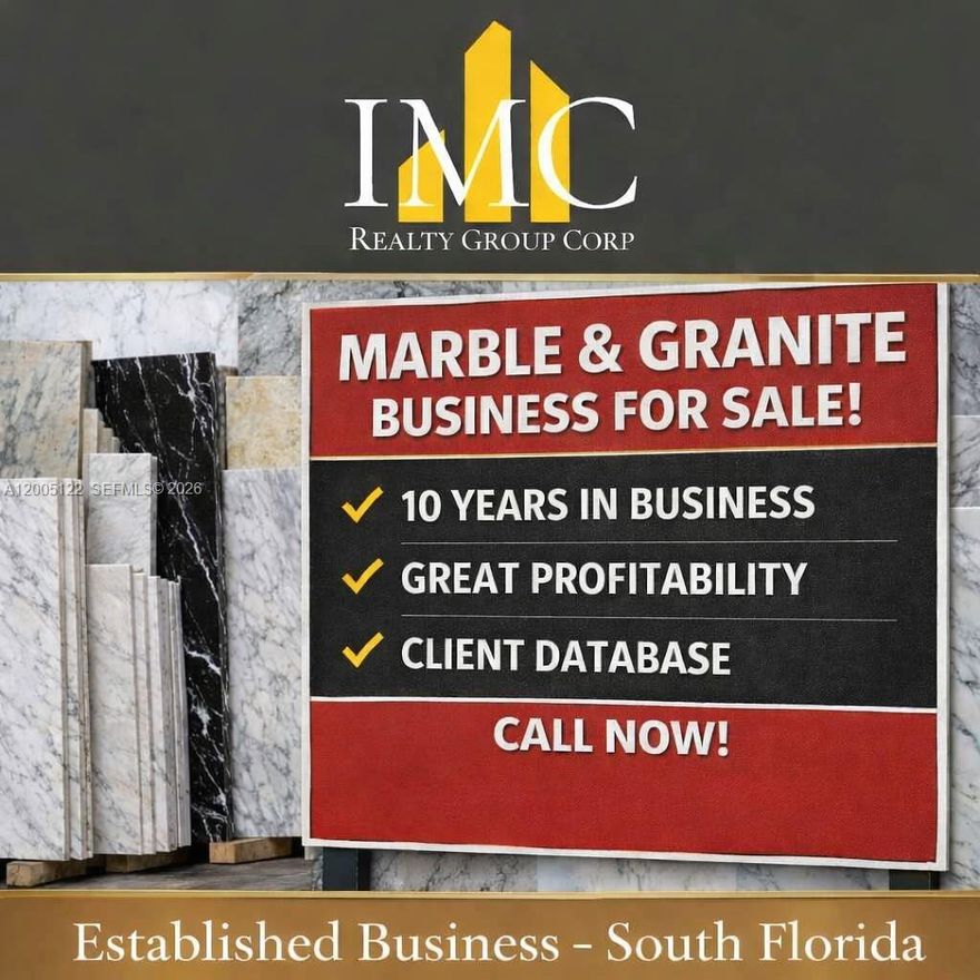 Business For Sale-Well-established and highly profitable marble and granite retail and Wholesale company with 10 years in business and a solid, loyal client base. Fully equipped for in-house fabrication, supported by a skilled team of 14 employees. The company services a wide range of account clients, including builders, general contractors, cabinet dealers, millwork shops, and designers. The business operates from a great location with over 3 years remaining on the lease and an option to renew, offering stability and room for continued growth. This is an excellent opportunity for a qualified buyer looking to acquire a turnkey, reputable, and income-producing operation in the stone industry. Information herein is believed to be accurate, but it's not guaranteed, should be independently verified for accuracy, and may be changed without notice.