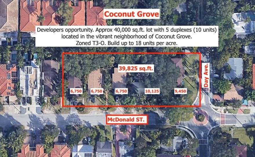 Part of a Portfolio - Developers opportunity. Approx 40,000 sq.ft. lot with 5 duplexes (10 units) 3151, 3161, 3171, 3181 McDonald and 3191 Day Ave. located in the vibrant neighborhood of Coconut Grove. Zoned T3-O. Build up to 18 units per acre. This desirable community is conveniently situated within walking distance of Coco Walk, renowned restaurants, shopping destinations, top-rated schools, and just moments away from the Bay. Residents will find themselves within easy reach of prestigious educational institutions such as Ransom Everglades and Carrollton School of the Sacred Heart, as well as Cocowalks open-air mall, picturesque parks, upscale dining options, the scenic Dinner Key Marina, and all the attractions Coconut Grove has to offer.