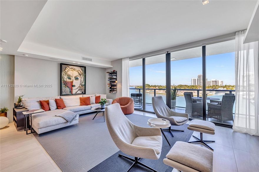 Experience Sophisticated Coastal Living at SERENO in Bay Harbor Islands, a 40 unit luxury boutique residence, where inspiring architecture meets the tranquility of island life. This stunning 4-bedroom, 3.5-bathroom + den boasts mesmerizing views of the intracoastal & bay. A short walk to the beach & the shopping & dining of Bal Harbour & Kane Concourse. This condo was upgraded from developer finishes - Custom kitchen with Italian Mia Cucina cabinetry, Bosch appliances & Quartz counters, 36 x 24 Italian Porcelain tile & floating baseboards throughout.  Luxurious master bathroom  &built out master closet. Spacious flow-through layout w/ soaring 9-ft ceilings in living areas & master bedroom.  Two assigned covered self-parking spaces & a dedicated storage unit on 2nd floor.