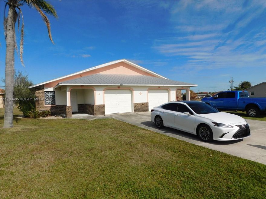 Exceptional income property fully rented. with one lease coming due in March. The adjacent lot can be purchased with this property. Underlying Commercial zoning gives many options. Cape Coral is growing and this is a great property for the future. Each unit has 2 bedrooms and 2 baths. Large kitchen and living room combination with a front room that would be a perfect home office, waiting room, etc. Also each unit has an enclosed garage. Close to schools, shopping and more. Metal roof.