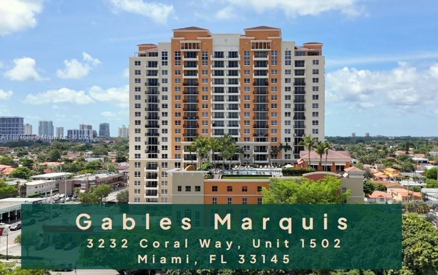 GORGEOUS CORNER UNIT at Gables Marquis with stunning skyline views and two balconies in Coral Way! Spacious 2 bed / 2 bath, 1,242 SF, freshly painted and in pristine condition. Includes private storage and assigned parking. Modern kitchen with stainless steel appliances opens to a bright, airy living/dining area. Washer & dryer in unit. Full-service building with pool, sundeck, gym, clubroom, concierge, and guest parking. Prime location near Miracle Mile, restaurants, shops, markets, and minutes from the airport. Pet-friendly!