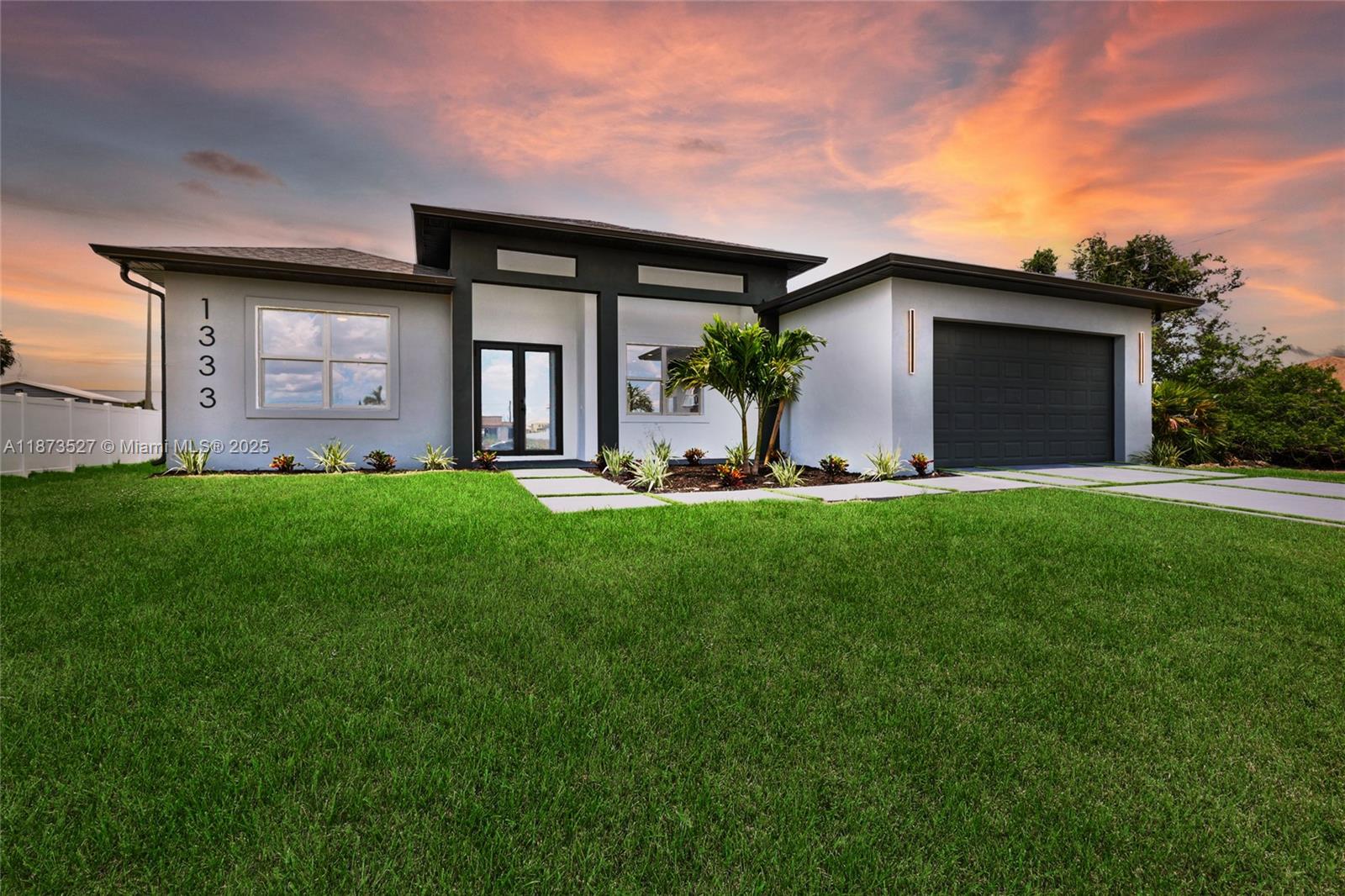 Welcome to this custom-built residence located in Cape Coral's Mariner neighborhood. Spanning 13,000 square feet, this exquisite property features 4 bedrooms, 3 bathrooms, an open-floor concept, a 4-inch Calacatta quartz island, a large master bedroom/bathroom, spacious double closets, luxury finishes, hurricane-impact windows and doors, stainless steel appliances, and a stunning outdoor patio leading to the pool area. The backyard is fully fenced and conveniently close to top-rated schools, parks, shopping, and dinning. This property combines lifestyle, location and unmatched value