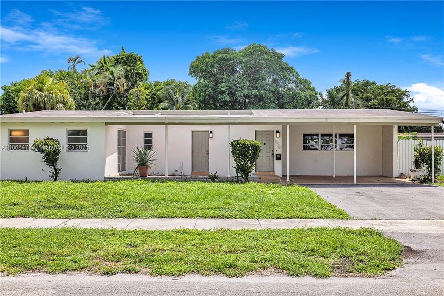 Charming 3-bedroom, 2-bath home in the heart of North Miami Beach. The spacious living area boasts vaulted wood-beam ceilings and floor-to-ceiling windows that open to the backyard, filling the home with natural light. The updated kitchen features granite countertops, stainless steel appliances, dual sinks, a pantry, and plenty of cabinet space. The primary bedroom offers a walk-in closet, while each additional bedroom has generous storage and ceiling fans. The fenced backyard offers a pool, open green space, and a storage shed, ideal for year-round outdoor living in Miami. Tile flooring throughout, central A/C, a separate laundry room, and a covered carport with a spacious driveway complete the home. Situated on a 7,800 sq ft lot close to houses of worship, shops, restaurants, and parks.