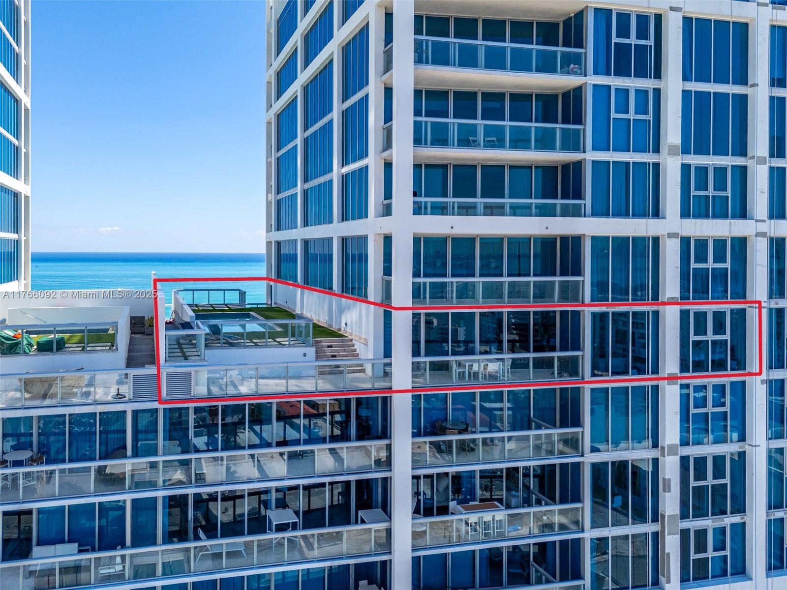 Welcome to unmatched beachfront living at the Carillon Wellness Resort. Two units seamlessly combined, offering the only 3,000 SF private rooftop terrace and a 14'x30' private pool, with stunning ocean and city views from sunrise to sunset. This 3-bed, 3.5-bath unit includes two spacious primary suites, a guest bedroom, an office, a media room, a utility room, and floor-to-ceiling windows that showcase the best views of Miami. Custom built-in shelving and accent lighting elevate the space, with over 6,000 SF of combined indoor and outdoor space, plus ample storage, this unit has it all. Owning at Carillon provides a lifestyle that is beyond comparison—enjoy a private beach club, a world-class 70,000 SF spa and fitness center, four pools, an oceanfront restaurant, 24hr concierge, and more.