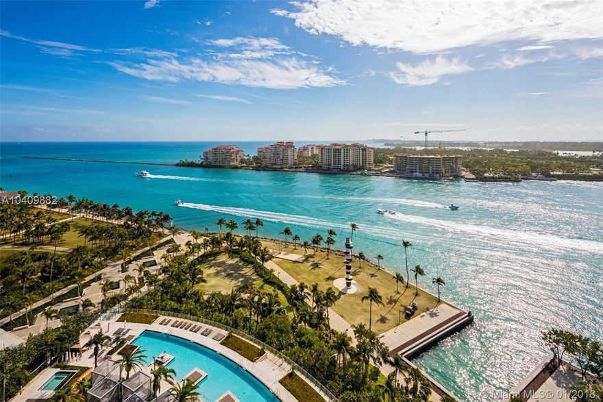 Hyper Exclusive Apogee! 4,154 sq ft of serene unobstructed views of the Atlantic Ocean, Port of Miami, Fisher Island, Miami Skyline & Art Deco SoBe. Private 2,400 sq ft, 11 ft wide balcony encompassing entire property featuring summer kitchen. Flow through design giving you both water & city views. All stainless steel chefs kitchen with full-height glass-fronted wine fridge. 10-feet high Ceilings. Private elevator. A/C 2 car garage & storage unit. The most exclusive luxury amenities' in all of South of fifth living.