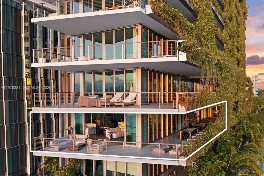 Step inside with me! A statement in contemporary design, this prized corner residence showcases exceptional water views and an ideal floorplan. Past the private foyer, curated interiors reveal a bayfront grand salon, wood floors and telescopic windows that reveal sweeping skyline views. The chef's kitchen is appointment with Gaggenau appliances and adorned with Calcatta marble beneath a cantilevered and backlit teak canopy. The primary suite features an opulent bath with a statement soaking tub and custom drapery. Glass walls surrounding this chic abode open to a 2,021 SF wraparound terrace accessible from all rooms that boasts expansive living spaces throughout. This Jean Nouvel 59-residence enclave offers tranquil lagoons, fitness studio, 24hr security, valet, 100’ pool - all just minutes from Sunset Harbour.