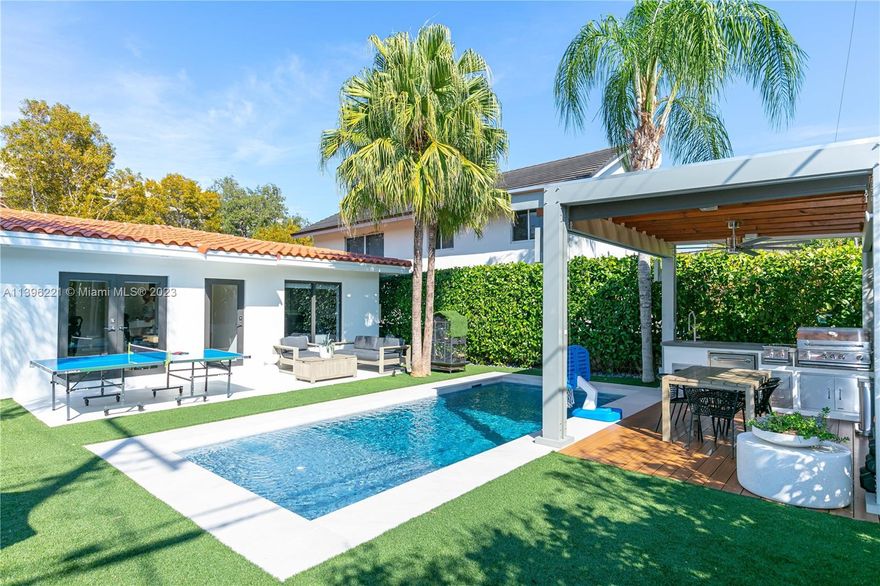 Step inside this impeccably renovated + maintained home in the heart of Coral Gables. This 3-bedroom home
welcomes you with a dramatic entrance that is soaked in natural light. Brand-new Italian kitchen w/ an expansive island by Veneta Cucine, hidden pantry + bar area. Gaggenau appliances are found throughout including paneled refrigerator, microwave, hood, cooktop, and oven. The backyard is a tranquil oasis w/a full entertainment area & BBQ. Additional features include an impressive master bath with dual rain showers & Italian floors throughout the house. The house was completely remodeled including plumbing, electricity, walls, and a/c ducts in 2020.