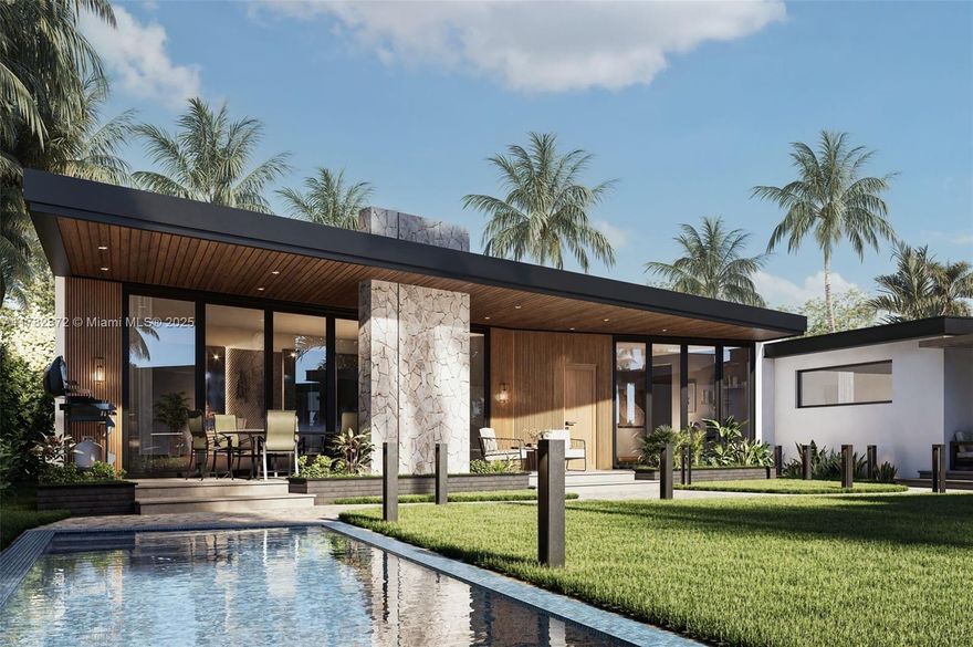 Transform this 3,282 Liv. SqFt Miami Shores home into your contemporary oasis! Nestled on a tranquil 18,525 SF double lot, enjoy a lush approximately 12,000 SF garden with mature trees, fruit trees like star fruit, jabuticaba and lychee. The property features 8 parking spaces, a 2 1/2 car garage with a bathroom, and private entry via a gated alley. Located on a secure dead-end street, it's just minutes from top schools, shops & golf club. Price includes existing structures, Architectural, MEP and Structural plans for renovation to expand living area to aprox. 4,100 SqFt. Currently 4BD/4.5BA main house and 1BD/1BA guest house. Potential for 6BD/6.5BA with pool gazebo addition. The images displayed are renderings that illustrate the home after proposed renovations, not its present condition.