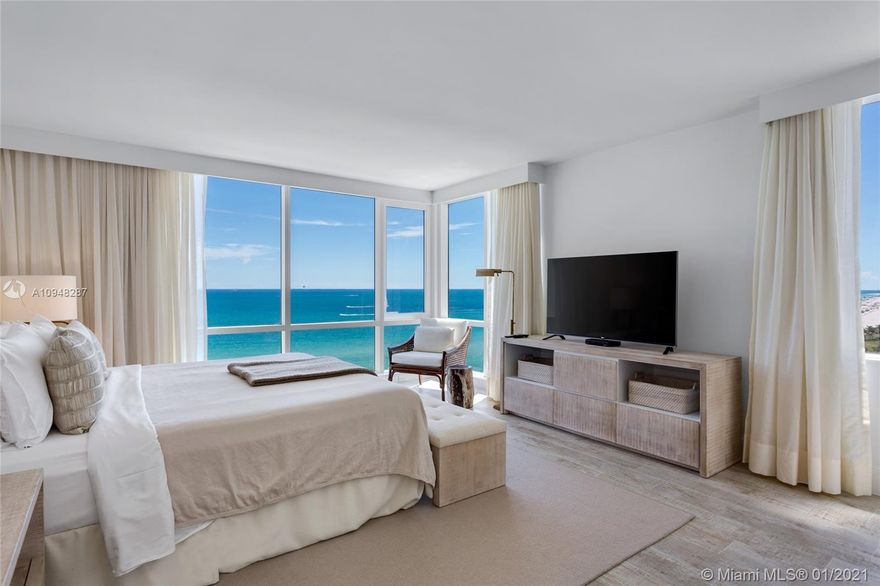 Stunning direct ocean views from the best line in the building! 2 bedrooms, 2 bathrooms, this corner unit is immaculately furnished by acclaimed designer, Debora Aguiar! Full kitchen, oversized living room, and bedrooms.Hotel living with private rooftop pool,bar & sand filled lounges.Restaurants serving the finest in organic cuisine.Private resident’s lobby,concierge & chauffeured Tesla.600 linear ft. of beachfront,4 pools,14,000 sqft fitness center,Bamford Spa,beach & pool service,valet & more.