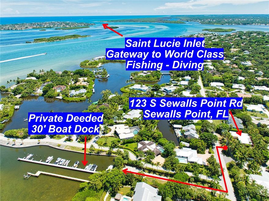 BEAUTIFUL CBS BLOCK 3BR-2BA-2CG HOME with a PRIVATE DEEDED 30 FOOT DOCK located in Prestigious Palm Row-Sewalls Point, FL. Walk across the street 125 yards to your Private Deeded 30 Foot Dock, 2 miles to Saint Lucie Inlet, Gateway to World Class Fishing-Diving, and only 4 miles to Downtown Stuart Waterfront Restaurants, Shopping and Entertainment. Enjoy all the perks of waterfront living without the waterfront price. Metal Roof, Impact Windows and Doors 2007, and Plantation Shutters. Beautifully Landscaped and Fenced Yard with Fruit Trees. Sewalls Point is a Premier Community in Stuart, originally a Coconut Plantation, with Gorgeous and Giant Oak trees. Easy access to I-95 and the Florida Turnpike, and Palm Beach International and Stuart airports. Palm Row-Sewalls Point Paradise Awaits.