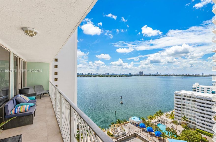 Beautiful 2BR/2BA condo with stunning views of the Bay, Intracoastal, and Miami skyline. Bright and spacious layout featuring floor-to-ceiling, wall-to-wall sliding glass doors in every room, providing access to a large balcony with spectacular sunset views. Open kitchen with granite countertops. Unit includes walk-in closets, bathtub, washer/dryer, and tile flooring throughout. Centrally located near the beach with easy access to major roads and highways. Full-service building with Olympic-sized pool, Jacuzzi, fitness center, on-site convenience store, beauty salon, 24-hour security, and more. Move-in ready.