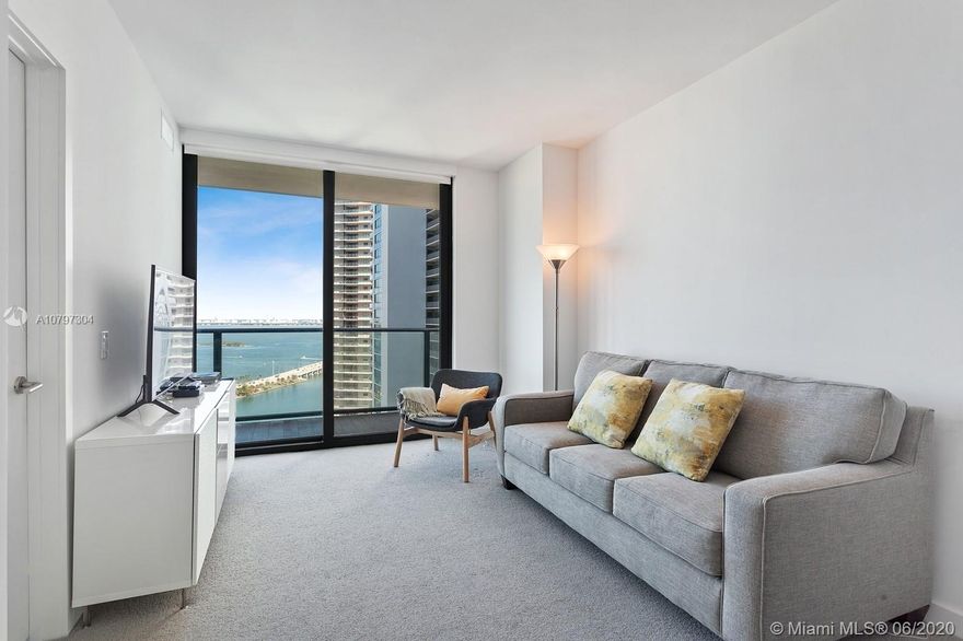 Brand new 1 bed /1.5 bath plus den with breathtaking water views from every room. Bosch appliances, washer and dryer in the unit (GE), Dual door shower, dual sinks in master bath. Carpet and blackouts in every room. Full service building with amazing rooftop pool at 46th floor. Second pool at 5th floor, SPA, Sauna, state of Art Gym, Kids Room, Social room with billiard and projection Tv Screen. Management and valet on site. 1 assigned parking space.