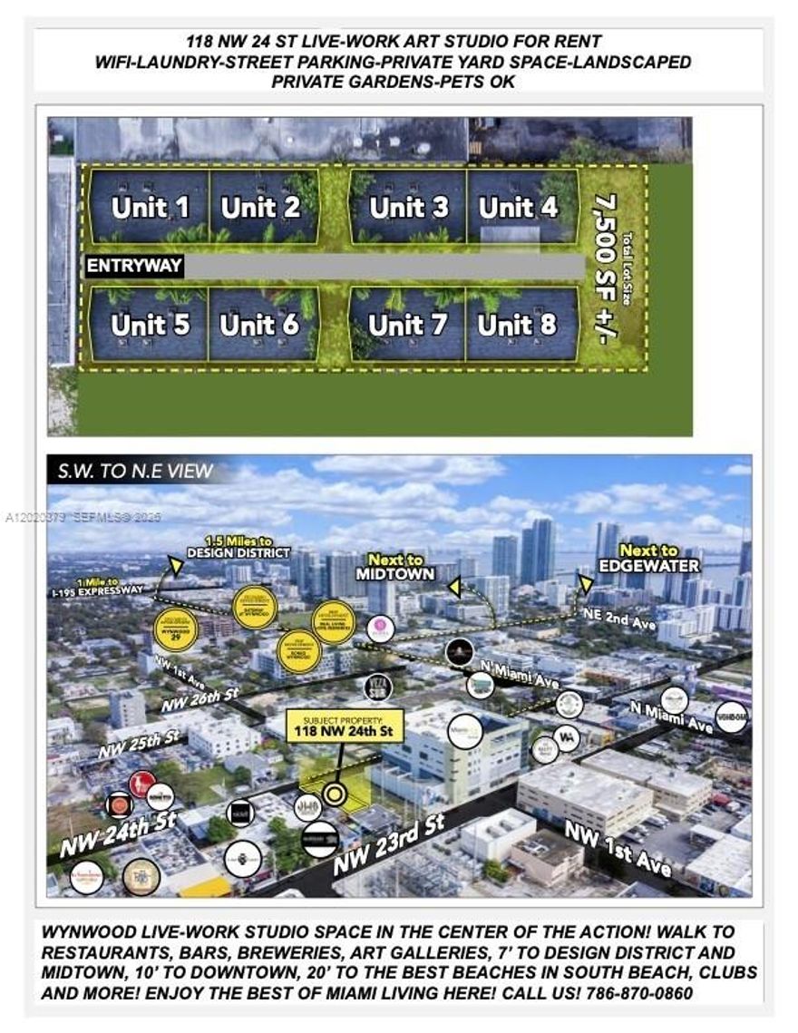 Wynwood land with a 8 plex generation income. T5-O - MIX USE COMMERCIAL
 (8/8 Studios in WYNWOOD) •Zoning: T5-O/NRD-1 • Lot Size 7,500SF •Covered Land Play property; Owner would receive income while working on development plans • Great opportunity for owner user or developer with all tenant leases up-to-date • Current income: Approx. $12,400/Month • Property includes 8 street parking spaces (City Decal) • New roof installed in '16 • WiFi network for all tenants • Central washer and dryer • Minutes to Miami Design District, Midtown, Allapattah, Miami beach, Downtown Miami and more