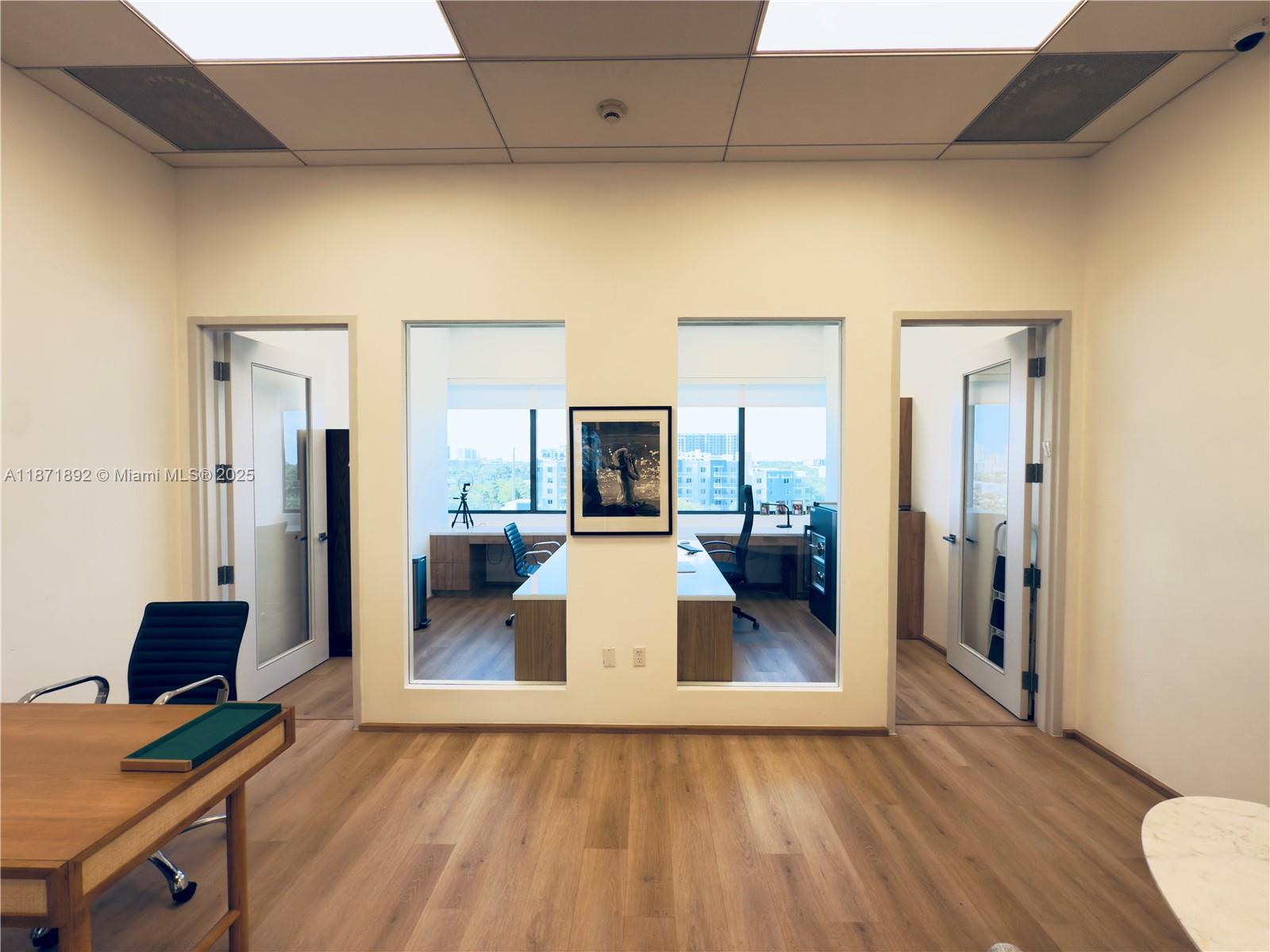 Best Building in Aventura. Minutes from I95 and across the street from the new Brightline train which goes up to Palm Beach or downtown Miami. Amazing finished roof top with beautiful furniture both inside and outside. The incredibly convenient location allows for clients and salespeople to stop in without going out of their way. Quicker to downtown than 30 blocks south because of the express lane entrance and minutes to FLL airport. Beautiful lobby, key fob elevators after hours and great reception. The office with southern exposure is ready to go. Comes with a top alarm system, camera system and safe. Monthly carry is extremely cheap about 1/3 of going rent.