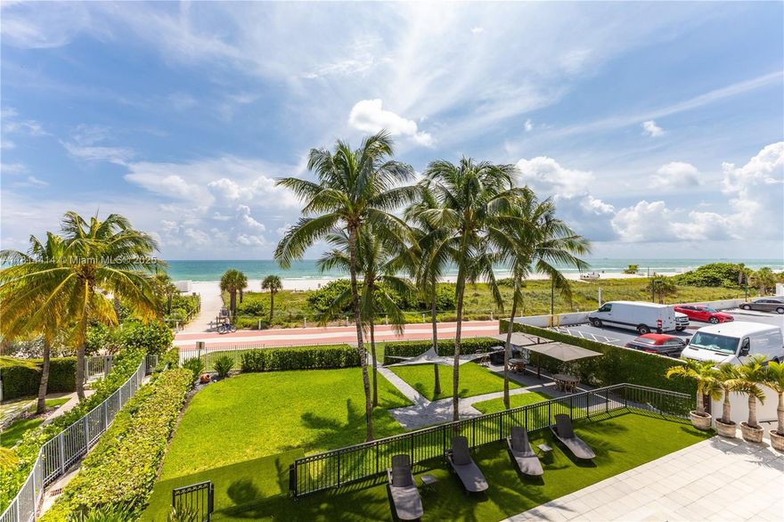 Rarely available-entire top front of the building (no neighbors on three sides or above- wow). Welcome to your Miami Beach private oceanfront enclave: elevator opens to your semi-private foyer entrance to this beautiful penthouse corner residence with nearly 1800 square feet of pristine living space & 2 balconies. Impact glass, open kitchen w/granite countertops, spacious living areas, tile floors throughout, 3 large bedrooms, 2 full baths including primary w/separate shower and soaking tub, walk-in closets, in-unit laundry, covered assigned parking w/free guest parking, plus a dedicated storage room. Intimate & exclusive boutique oceanfront building w/new oceanside pool, patio, & yard, exercise room, and 24 hr security. Right onto the sand in the most beautiful serene spot in Miami Beach.