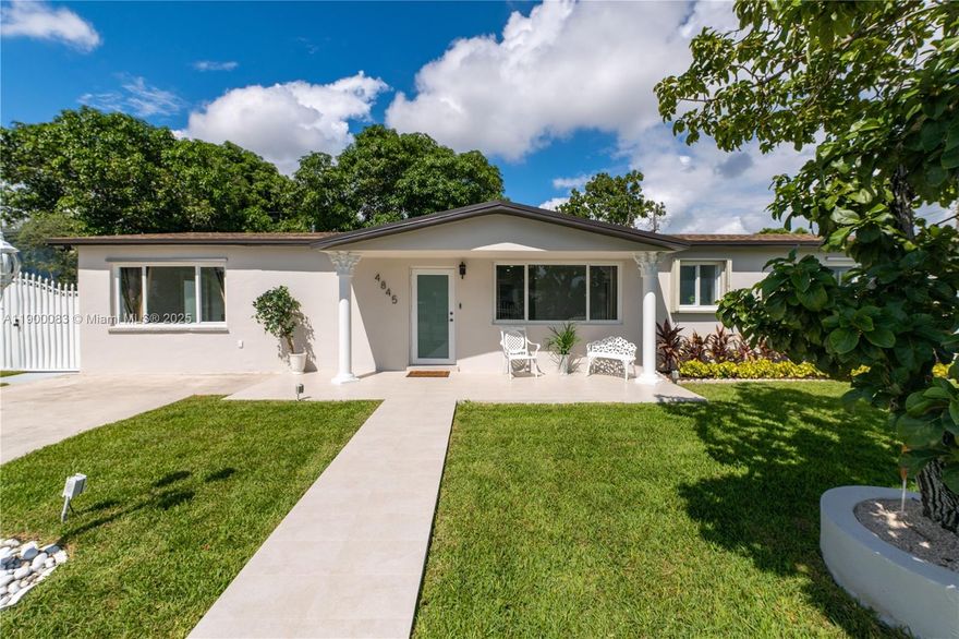 Completely remodeled home with brand new electrical, plumbing, windows with shutters, and impact doors. Open concept layout with a spacious kitchen designed for entertaining, new flooring, brand new bathrooms, and modern appliances. The massive master suite includes a private entrance. The backyard is large with mature fruit trees and plenty of space for gatherings. Roof and A/C are only 3 years old. The property also features a fully remodeled 1 bedroom 1 bath apartment with a private entrance, perfect for in-laws or rental income. This is a must-see property that offers style, comfort, and instant cash flow.