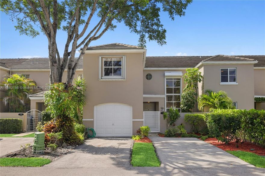 Bridgepoint's latest townhome is ready to be your blank canvas! This 24 hour guard gated community is a sought after haven boasting a convenient & central South Miami location. This unit sits on a quiet tucked away street w/lakefront views that inspire a connection w/nature. Spacious living areas w/double height ceilings & kitchen w/new appliances lead to the covered terrace for enjoying the tree canopy & wading turtles. Both ensuite bedrooms are upstairs & 1/2 bath downstairs caters to your guests. 1 car garage, 2 parking spaces & guest parking. Hurricane protection & new coat of paint give you peace of mind & the fresh start you're waiting for. Community has a pool, gym, tennis court, mins to Palmetto Expressway, University of Miami, South Miami & Coral Gables. A Very Special Home.