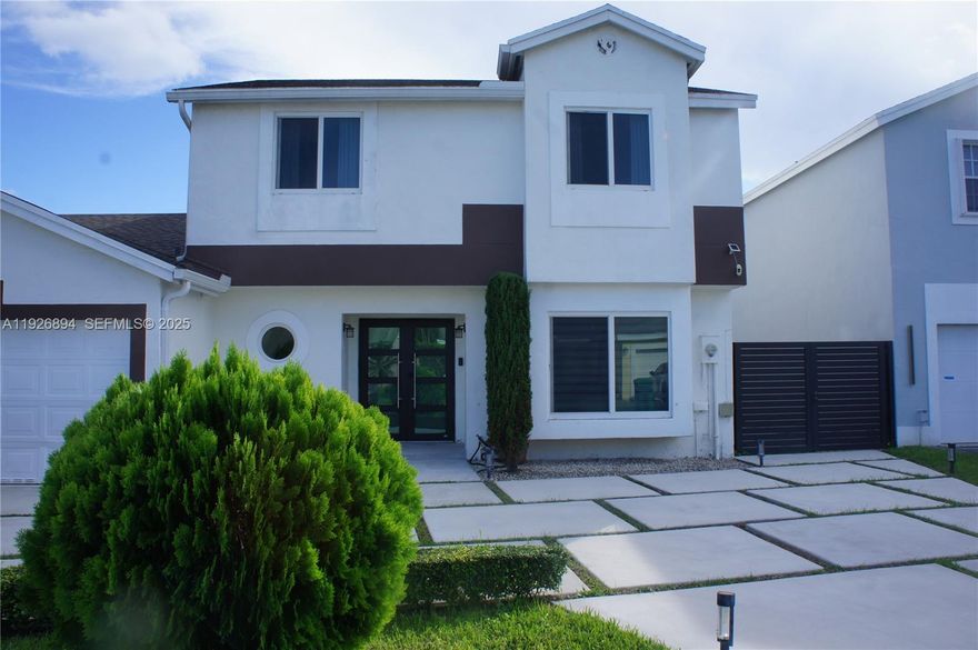 Nicely updated kitchen with new solid surface countertops. large primary bedroom with walk in closet and oversized glass enclosed shower. Hall bath with brand new vanity sink. Ample size laundry room. New, modern, stylish and efficient roof since 2020, patio with large fenced back yard. Two car garage garage. Community pool and tennis courts. Neighborhood is directly across the street from Claude Pepper Elementary School.