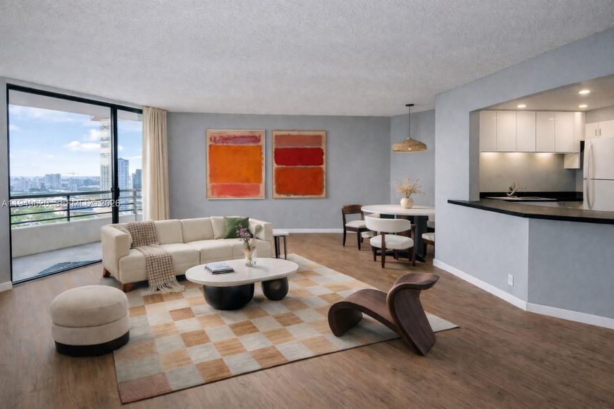 Spacious high-floor residence with open layout and breathtaking bay views, offering beautiful sunsets from a prime Aventura location. This one-bedroom, two-bath unit is in original condition with carpeted floors and an older kitchen, presenting a great opportunity to customize and add value. Features include a generous bedroom with walk-in closet and en-suite bath, washer and dryer in the unit, and bright living areas filled with natural light. Parc Central East offers 24-hour security, front desk service, and resort-style amenities including two pools, gym, fitness classes, sand volleyball, and more. Minutes to Aventura Mall, beaches, shops, and dining. Ideal for end users or investors.