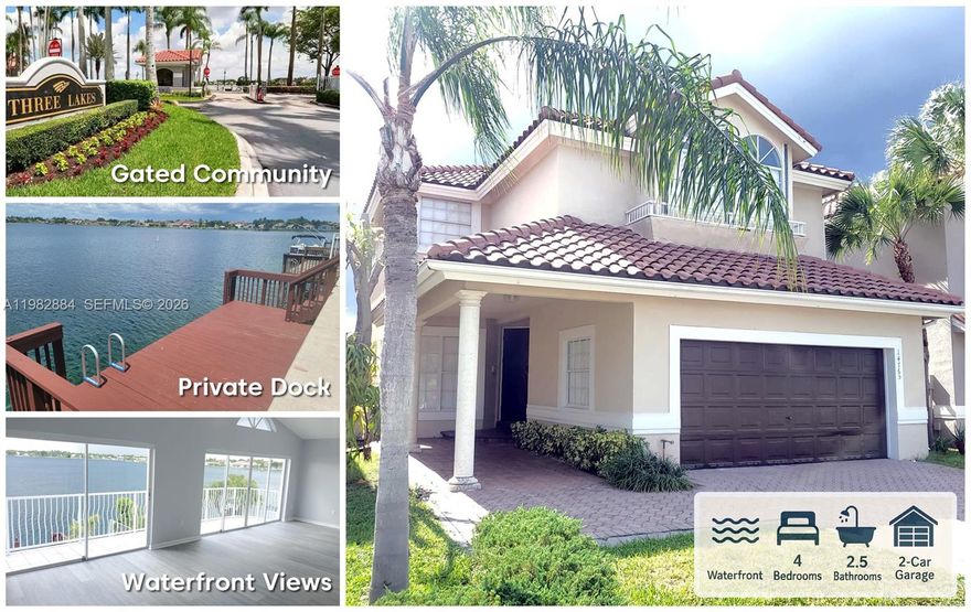 FOR RENT: Gorgeous lakefront home in the gated Three Lakes community in Kendall. This 4-bedroom, 2.5-bath property offers breathtaking panoramic lake views from the master suite, making you feel like you're overlooking the ocean with boats and jet skis right from your room. Enjoy your private dock, perfect for motorized boats, jet skis, kayaking, and canoeing. Features include an open kitchen with lake views, a formal dining room, modern fixtures throughout, double closets in the master, and a 2-car garage. Resort-style amenities: gym, clubhouse, pool, tennis courts, 24/7 security, playground, walking paths, and boat ramps. Qualifications: No pets, no smoking, income 3x rent, no broken leases or evictions, good credit required.