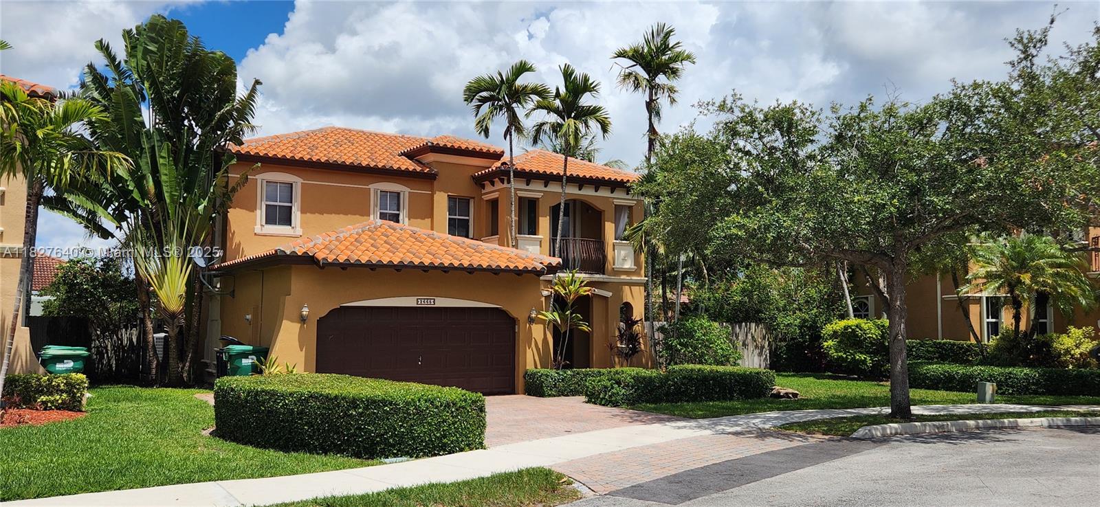 This Mediterranean single family home offers 3 bedrooms and 3 bathrooms. Lots of windows with plenty of natural light. This home is located in a quite neighborhood. It has over 2200 square feet of actual living area and an additional covered large back porch. It is one of the largest lots in the Subdivision. Fenced backyard. Hurricane shutters. Two car garage with extra spaces for parking. The kitchen offers stainless steel appliances, granite counters and plenty of wood cabinets. Formal dining room. Laundry room. Primary suite is spacious with its own private bathroom, two custom made walk-in closets and a balcony. The other 2 bedrooms share a Jack and Jill bathroom. The subdivision has a community recreational area with a pool, volley ball courts, work out equipment, walking path. A Gem.