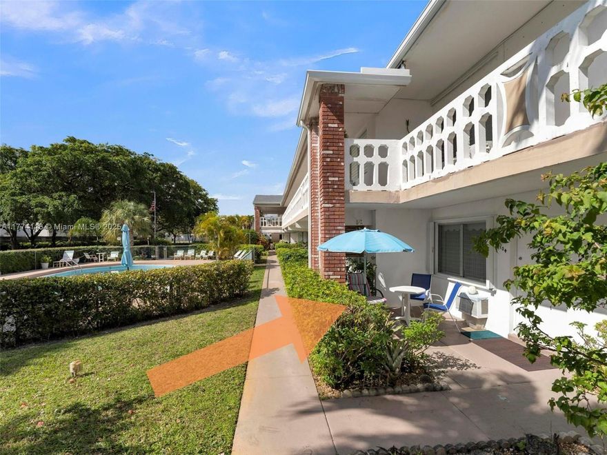 LIGHTLY USED & VERY WELL MAINTAINED first floor convertible style unit (Two bedrooms on record but used as a large one bedroom - can easily add wall or partition for two-bedroom design). Arguably THE BEST LOCATION IN THE ENTIRE COMMUNITY! Patio space offering a private feel all the while only a few short steps to the pool and BBQ area. Unit freshly painted & tile flooring throughout. Added accordion shutters for easy storm protection. Building offers a NEW 2024 ROOF & Termite tented: Assessment already paid by sellers for buyers' peace of mind! Superior location. Rentals allowed from Nov 01- May 01. 55+ Community. MUST SEE TO APPRECIATE!