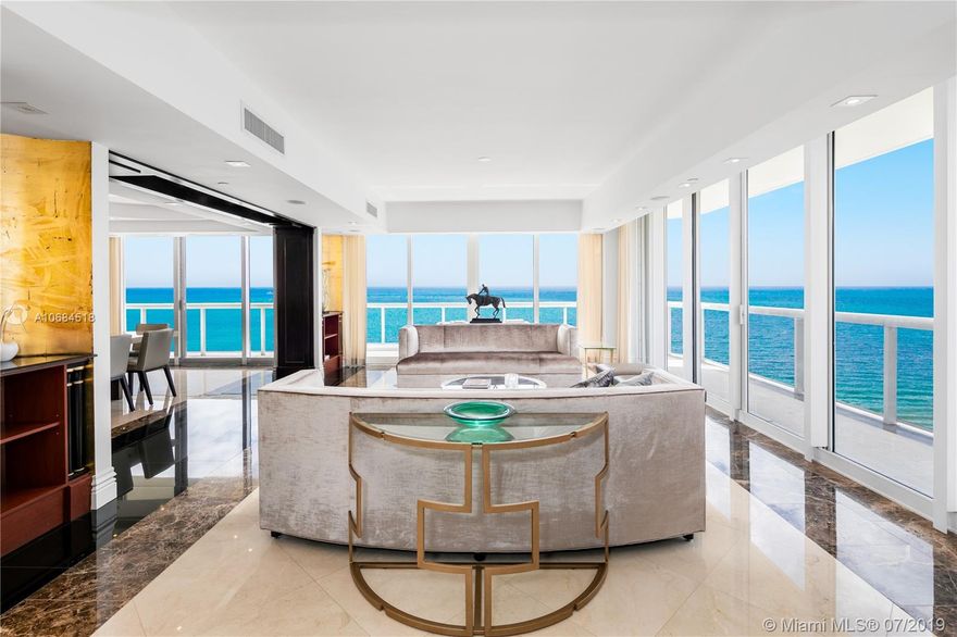 One-of-a-kind unit at the luxury Solimar in Surfside. Owner combined 3 units from the developer and into one for a spacious 6 bedroom, 5 bathroom, 2 half bath, and 6,230 sf unit. Take private elevator to foyer entrance and immediately be greeted by  panoramic ocean views with flow-through layout. Unit offers large living room, dining room, family room, library, private office, balconies, maid's quarter, bar & entertainment area, and master suite with large walk-in closet. Building has 5 star amenities including 24 hour security, valet, pool + beach service, gym and unit includes 220 sf cabana. Great location across from the Bal Harbour Shops and adjacent to the shops of Harding Ave.
