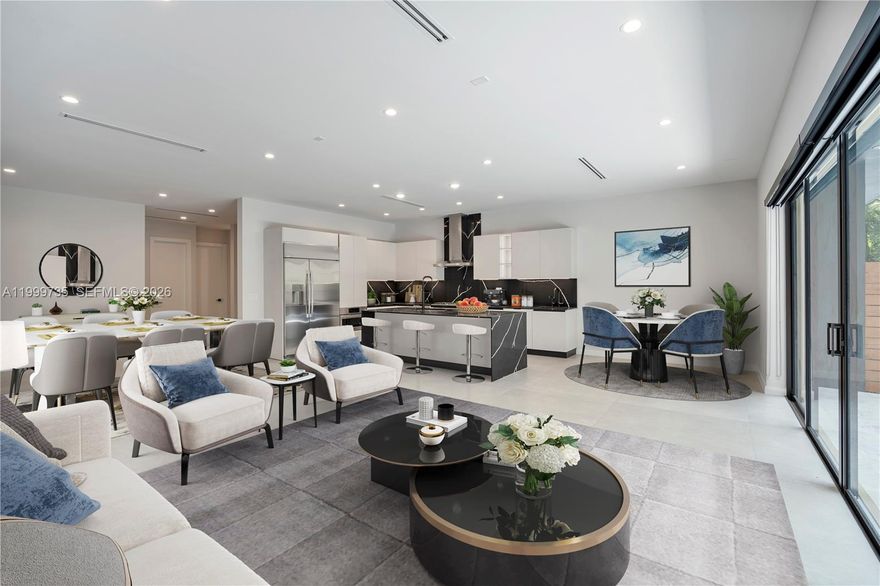 Discover this one-of-a-kind duplex consisted of TWO 5-bedroom, 5.5-bath modern townhome units offering single-family-like living on an extra-wide lot, just steps from the vibrant heart of Downtown Coconut Grove. Boasting 10-foot ceilings on the first floor and thoughtful design throughout, the homes feature an ensuite guest bedroom with full bath plus a convenient powder room equipped with washer/dryer. The expansive chef's kitchen shines with premium Italian cabinetry, dual sinks, dual dishwashers, appliance garage, 48” refrigerator/freezer, gas cooktop, and tankless gas water heater. Luxurious 48x48 imported porcelain tile floors and custom-built closets elevate every space. Upstairs, four generous bedrooms each with en-suite baths provide ultimate privacy and comfort. Top-tier Kohler and Duravit plumbing fixtures add sophistication. Also on the second floor is the large laundry room with side by side washer and dryer, quartz folding counter and linen closet. Step outside to your private saltwater pool and covered patio surrounded by lush, mature landscaping—perfect for relaxation and entertaining. High elevation, not in a flood zone, solid concrete roof construction, security cameras, CAT6 wiring in every room, one-car garage with epoxy flooring & additional gated parking. 93 Walk Score® for effortless access to shops, dining, and waterfront lifestyle. EZ to keep rented.