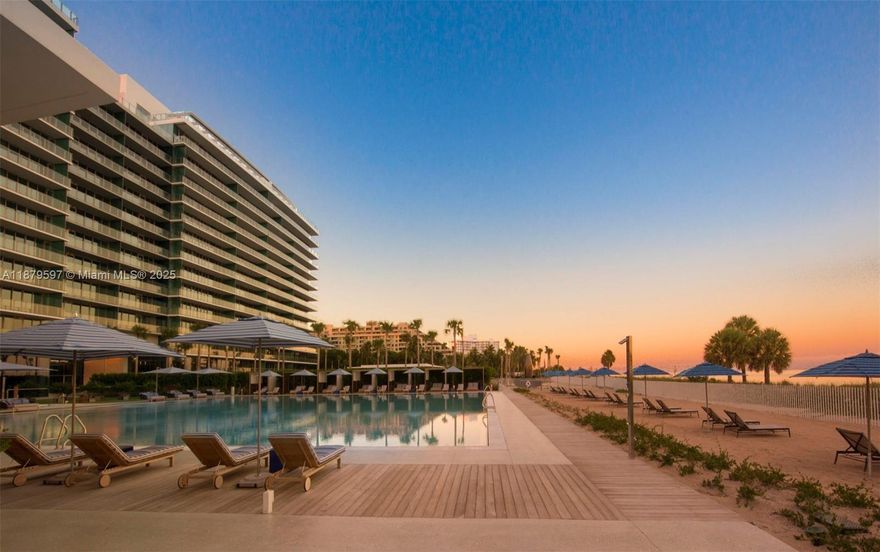 2 bedrooms + Den that can be used as a third bedroom, 3.5 baths. City and bay views. Sunset. Private elevator. Amenities include 500- feet private beach, lush landscaping, 100x100 relaxation pool. Restaurants. Beach service. Beach Volleyball. Ocean-view fitness center. Spa. Lap Pool. Tennis court. Putting gree. Reception and concierge service. Party, media and kids rooms.