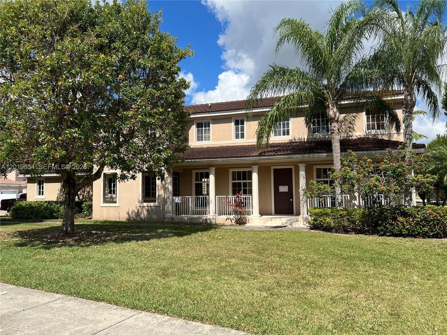 This pristine, spacious corner-unit home is a rare find, boasting an impressive 3,642 sq ft under roof (as per tax roll) and designed for modern family living. Featuring 4 bedrooms, 2 1/2 baths, and a 2-car garage, this property welcomes you with a long ranch-style covered front porch and a huge front yard, perfect for outdoor relaxation. Step through the foyer and enjoy an airy, 180-degree view of the open-concept living area and staircase. The heart of the home is a chef-friendly kitchen, complete with solid wood cabinets, granite countertops, a central island, and stainless-steel appliances. Flooded with natural light from numerous windows, the residence feels bright and inviting throughout. All four large bedrooms are conveniently located upstairs, including a massive master suite with a walk-in closet and a private, luxurious bath featuring double sinks, a Roman tub, and a separate shower. This "move-in-ready" property is in perfect condition, offering the space and quality your family deserves. Find the virtual tour on YouTube by searching for the MLS number.
