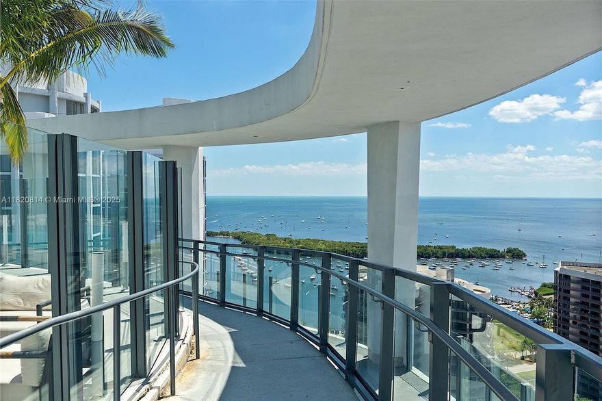 Rarely available combined 03 and 04 line 3bd/3bth corner penthouse with spacious open plan family/living/dining areas. Nestled in Coconut Grove, The Oma and Rem Koolhaas designed towers stand as a testament to architectural beauty and ultimate luxury living. A masterpiece of elegance, comfort and brightness, the home features stunning south-eastern views over Biscayne Bay and north-eastern city views. Ten foot floor-to-ceiling windows open onto three oversized terraces which provide for additional living space and outdoor entertaining. The home boasts a custom chef's kitchen with high-end finishes and Wolf/Subzero appliances. 5-star amenities; rooftop pool, ground floor multi-pool complex with bistro, spa, fitness center/gym, private theatre, business center. Two assigned parking spaces.