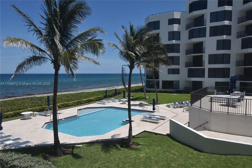 THIS SPACIOUS CONDO UNIT IS LIKE YOUR OWN PRIVATE HOME ON THE BEACH, TWO STORY WITH THE VIEW OF THE OCEAN AS FAR AS YOU CAN SEE AND INTRACOASTAL WATERWAY VIEW FROM THE MASTER BEDROOM. 2,240 SQF WITH 3 FULL BATH ON THE FIRST FLOOR LOCATION TO WALK TO THE HEATED SALT WATER POOL AND A FEW STEPS TO YOUR OWN PRIVATE BEACH. THIS UNIQUE OCEAN FRONT BUIDLING HAS DONE RESTORATION WORK EVERY TEN YEARS TO KEEP UP WITH STRUCTURAL INTEGRITY.
AN A1A PARK ON INTRACOASTAL TO WATCH THE SUNSET AND BOAT PARADE.
PRESTIGIOUS RESIDENTIAL TOWN OF HIGHLAND BEACH IS CALLED 3 MILE PARADISE.
THIS RESIDENTIALTOWN IS ONLY MINUTES TO BOCA RATON AND MIZNER PARK AND DELRAY BEACH AND DYNAMIC ATALANTIC AVE.THE UNIT HAS A STORAGE BIN AND AN ASSIGNED PARKING. TO MAKE IT A HOME OR INVESTMENT, THIS IS A WINNER.