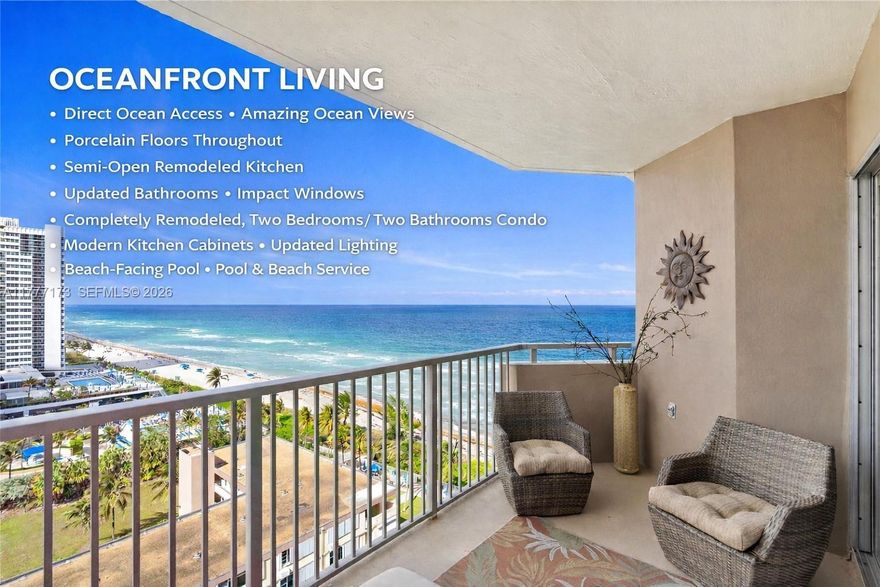 Experience the pinnacle of oceanfront living. Wake up to breathtaking views of the Atlantic from every room and walk straight onto the sand with private beach access and personalized beach service at your fingertips. Enjoy morning coffee as the sun rises over the waves, then spend your day relaxing by the resort-style pool, working out in the state-of-the-art fitness center, or indulging in a spa treatment just steps away.
Inside, this completely remodeled condo is designed for both elegance and comfort. Porcelain floors flow seamlessly throughout, complementing a modern semi-open kitchen crafted for effortless cooking and entertaining. Bedrooms and bathrooms are oriented to capture the serene water views, creating a peaceful retreat. The new balcony and impact windows bring in sea breezes while offering ultimate security and peace of mind.
Every detail has been meticulously curated—this is more than a home; it’s a lifestyle defined by sun, sea, and serenity.
