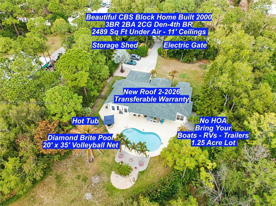 Situated in a beautiful equestrian community, this CBS BLOCK 3BR 2BA Home has a spacious Den or 4th Bedroom, 2 Car Garage, and Pool in Jupiter Farms on a large 1.25 Acre Lot. This newer home was built in 2000, and is 2,574 Sq Ft under air with 11’ ceilings. New Roof in February 2026 with a transferable warranty and wind mitigation report! New Air Conditioning units. New Water Filtration system with a phone app. New Well Pump. New Rheem Tankless Water Heater 2024. New Master Bath Electric Blinds. New Mastercraft Twilight 240 Hot Tub. New Aleko Front Gate and actuator 2026.. Septic tank was cleaned out and new filter 2025. Spacious Kitchen, with all new appliances. Elegant Master Bedroom and Master Bath. New carpet with Tempur-Pedic padding in the bedrooms, and Berber carpeting in the Den. Fiberglass wall insulation. Spacious 2 Car Garage with side door and epoxy floors. Lush tropical landscaping with a Sparkling 35’ x 20’ Diamond Brite Pool (3’–5’–3’) with a removable volleyball net and a 2,000 plus square foot pool deck. Mastercraft Twilight 240 dual pump Hot Tub in 2022. Beautifully lighted Waterfall Fountain. Large covered patio 12’ x 32’. NO HOA bring your Horses, Boats, RVs, Jet Skis, and Trailers. Large 12’ x 12’ storage shed. Excellent location close to Beautiful Beaches, I-95, Florida Turnpike, Gardens Mall, and West Palm Beach Airport. Excellent A-Rated schools. Paradise Awaits!