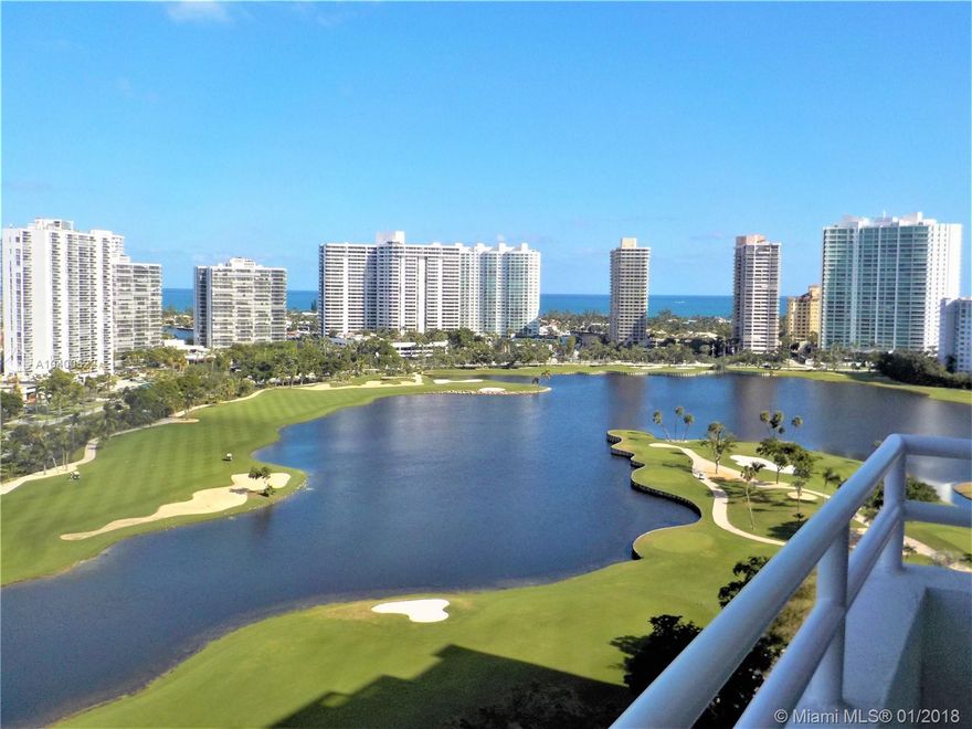 Spectacular views of ocean, golf course, bay and skyline!!!! Updated 2/2 split bedroom floor plan with 2 master suites. Tile flooring throughout living, dining and kitchen. Carpeting in bedrooms. Kitchen has been updated with beautiful wood cabinetry, granite counter tops, stainless steel appliances and additional counter space. Newer A/C.  Building has an assessment that began 3/2018 for $206.26 per month for 5 years. The common areas, building entry and hallways will be renovated to a modern, upscale design that is spectacular!!!! The renovation plans and photos are available in the lobby.